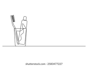 Continuous one line drawing of toothbrush and toothpaste, single line art toothbrush and toothpaste vector illustration