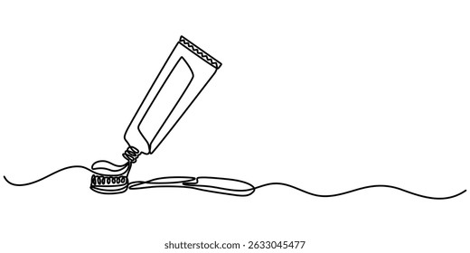  Continuous one line drawing of toothbrush and toothpaste, one line art toothbrush and toothpaste vector illustration. line art, one continuous, Continuous line drawing toothbrush with toothpaste. 