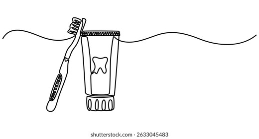  Continuous one line drawing of toothbrush and toothpaste, one line art toothbrush and toothpaste vector illustration. line art, one continuous, Continuous line drawing toothbrush with toothpaste. 