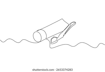 Continuous one line drawing of toothbrush and toothpaste, one line art toothbrush. Branding oral care products concept vector art. Doodle line illustration.