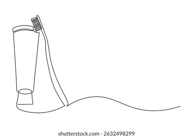 Continuous one line drawing of toothpaste tube with toothbrush. Single line drawing illustration of Tooth paste with brush. Advertising oral care products concept vector art. Doodle line illustration.
