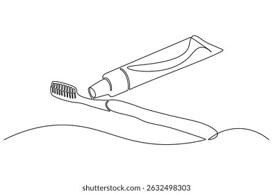 Desenho contínuo de uma linha de tubo de pasta de dente com escova de dentes. Ilustração de desenho de linha única da pasta de dente com pincel. Publicidade produtos de cuidados orais conceito vetor arte. ilustração linha Doodle.