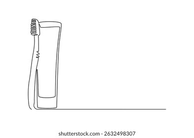 Continuous one line drawing of toothpaste tube with toothbrush. Single line drawing illustration of Tooth paste with brush. Advertising oral care products concept vector art. Doodle line illustration.