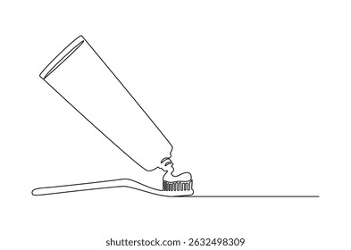 Continuous one line drawing of toothpaste tube with toothbrush. Single line drawing illustration of Tooth paste with brush. Advertising oral care products concept vector art. Doodle line illustration.