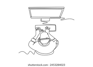 Continuous one line drawing Top view of customer service working in front of a computer. customer service icon. smartphones and headphones. Marketing Concept. Single line draw design vector graphic il