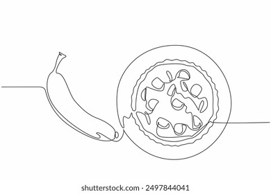 Continuous one line drawing top view of banana cream pie next to bananas. High antioxidant content. Type of food as dessert. National Banana Cream Pie Day. Single line draw design vector illustration