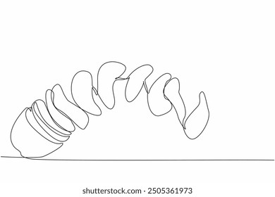 Continuous one line drawing the top of the potato sliced ​​into potato chips that are scattered around. Savory and salty snacks. National Potato Chip Day. Single line draw design vector illustration