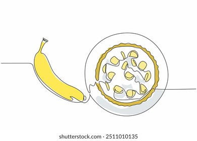 Continuous one line drawing top view of banana cream pie next to bananas. High antioxidant content. Type of food as dessert. National Banana Cream Pie Day. Single line draw design vector illustration