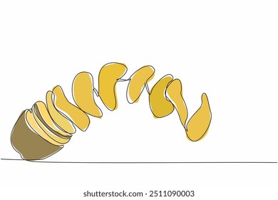 Uma linha contínua desenhando o topo da batata fatiada ​​em batatas fritas que estão espalhadas. Lanches salgados e salgados. Dia Nacional da Batata Frita. Ilustração de vetor de design de desenho de linha única