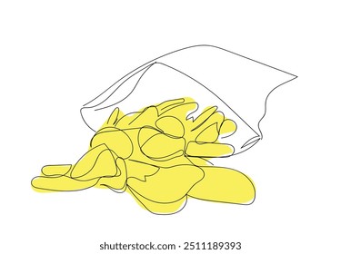 Continuous one line drawing the top of the potato chips that are scattered around. Savory and salty snacks. National Potato Chip Day. Single line draw design vector illustration