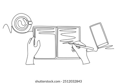 Uma linha contínua desenho vista superior do gesto de escrita à mão no livro ao lado da tela do smartphone e xícara de café ou chá na mesa de trabalho. Gadget Trabalhador. Ilustração gráfica vetorial de design de desenho de linha única