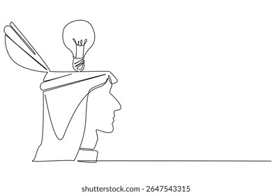 Continuous one line drawing the top of head open and there is lightbulb above it. Pouring out opinions. Clearing the mind. Brain. National Creativity Day. Single line draw design vector illustration