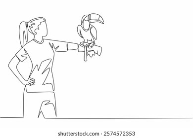 Continuous one line drawing toucan bird perched on hand of woman. Large billed tropical birds live in tropical forests. Eating insects. Woman Holding Bird. Single line draw design vector illustration