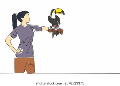 Continuous one line drawing toucan bird perched on hand of woman. Large billed tropical birds live in tropical forests. Eating insects. Woman Holding Bird. Single line draw design vector illustration