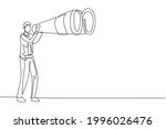 Continuous one line drawing tourist man looking through big binoculars far ahead. Young gentleman is traveling with field glasses. Find something interesting. Single line draw design vector graphic