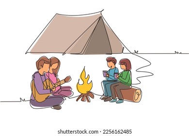 Continuous one line drawing tourist family camping with campfire and drinking hot tea. Kids sitting on logs. Dad playing guitar and sit on ground with mom. Single line draw design vector illustration