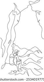 Kontinuierliche einzeilige Zeichnung Tourist mit einem Rucksack in den Bergen. Bergsteigen. Klettern. Hohe Berge. Eine durchgehende Linie, einzelne, minimale vertikale Illustration.