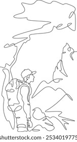 Kontinuierliche einzeilige Zeichnung Tourist mit einem Rucksack in den Bergen. Bergsteigen. Klettern. Hohe Berge. Eine durchgehende Linie, einzelne, minimale vertikale Illustration.