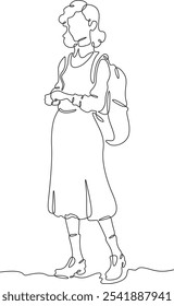 Continua una línea de dibujo de la chica turística con una mochila en un paseo. Retro vintage. Mujer joven en ropa retro. Una línea continua aisló la ilustración mínima de la Vertical.