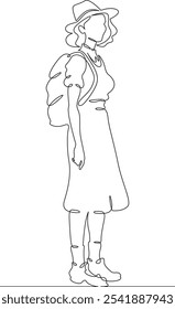 Continuous one line drawing tourist girl with a backpack on a walk. Retro vintage. Young woman in retro clothes. One continuous line isolated minimal vertical illustration.Not AI.