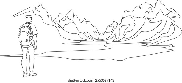 Continuous one line drawing tourist on the shore of a mountain lake. Mountain landscape. Traveler with a backpack.One continuous line isolated minimal illustration.Not AI.