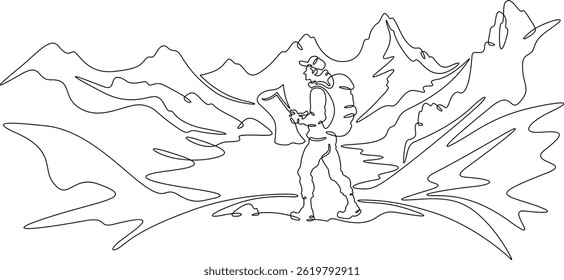 Continuous one line drawing tourist with a map. Traveler with a backpack and in shorts against the background of mountains. Mountain landscape.One continuous line isolated minimal illustration.Not AI.