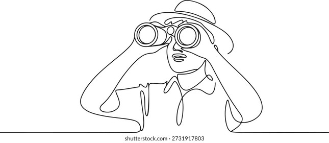 Continua una línea dibujando al turista mirando a través de grandes binoculares muy adelante. Joven caballero está viajando con gafas de campo. una línea Icon dibujo
