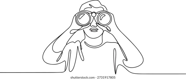 Continua una línea dibujando al turista mirando a través de grandes binoculares muy adelante. Joven caballero está viajando con gafas de campo. una línea Icon dibujo
