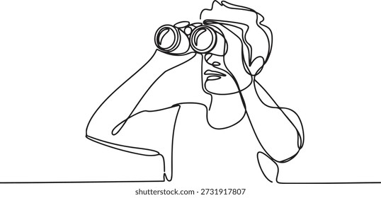 Continua una línea dibujando al turista mirando a través de grandes binoculares muy adelante. Joven caballero está viajando con gafas de campo. una línea Icon dibujo
