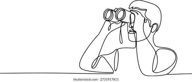 Continua una línea dibujando al turista mirando a través de grandes binoculares muy adelante. Joven caballero está viajando con gafas de campo. una línea Icon dibujo
