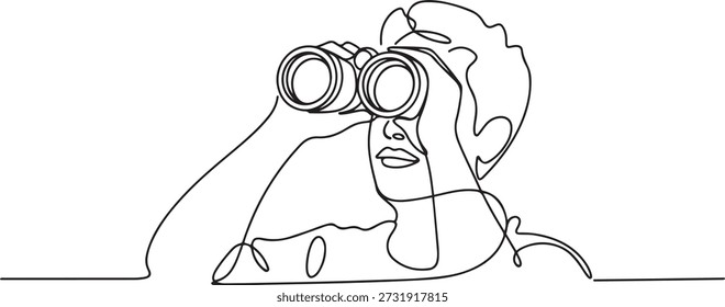 Continua una línea dibujando al turista mirando a través de grandes binoculares muy adelante. Joven caballero está viajando con gafas de campo. una línea Icon dibujo
