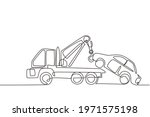 Continuous one line drawing tow truck is lifting the broken car to be lifted onto it using the crane. The car was damaged in a traffic accident. Single line draw design vector graphic illustration.