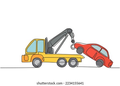 Continuous one line drawing tow truck is lifting the broken car to be lifted onto it using the crane. The car was damaged in a traffic accident. Single line draw design vector graphic illustration.