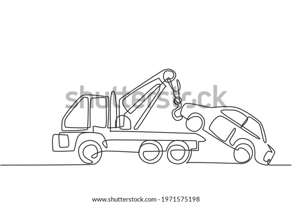Continuous one line drawing tow truck is\
lifting the broken car to be lifted onto it using the crane. The\
car was damaged in a traffic accident. Single line draw design\
vector graphic\
illustration.