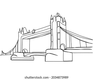 Dibujo continuo de una línea del puente de torre london uk england icono en silueta sobre un fondo blanco. Linear estilizado.