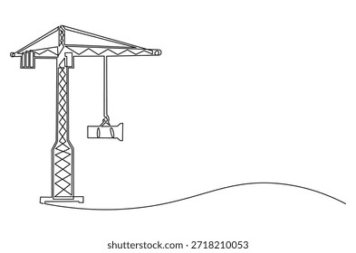 Dibujo continuo de una línea de la grúa de la torre. Ilustración de dibujo de una sola línea de la grúa de construcción. Arte vectorial de concepto de construcción, construcción y construcción. Ilustración de la línea Doodle.