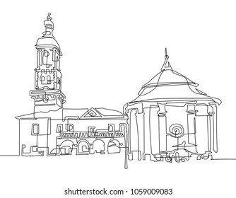 continuous one line drawing of Town Hall and ancient well in the old town in Ukraine, modern art vector illustration
