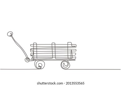 Continuous one line drawing toy mini wagon with wooden. Farm wheelbarrow. Equipment of garden cart for gardening, harvesting, planting seedlings. Single line draw design vector graphic illustration