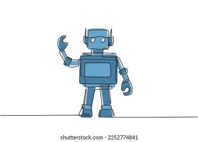 Continuous one line drawing toy robot for kids. Retro robot vintage toys. Metal computer man or cyborgs. Friendly mechanism. Children's toy robot. Single line draw design vector graphic illustration