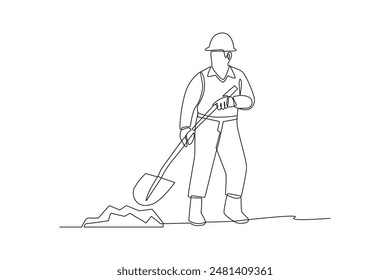 Continuous one line drawing A traditional miner uses a shovel to get minerals. Woman digging and mining for treasure chest in underground tunnel. Single line draw design vector