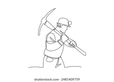 Continuous one line drawing A Traditional miner uses a hoe to get treasures. Woman digging and mining for treasure chest in underground tunnel. Single line draw design vector