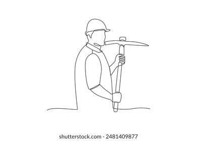 Continuous one line drawing A Traditional miner uses a hoe to get treasures. Woman digging and mining for treasure chest in underground tunnel. Single line draw design vector