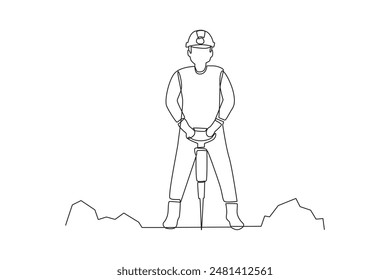 Un minero tradicional utiliza herramientas de rotura de rocas para obtener minerales. Mujer excavando y minando para cofre del tesoro en túnel subterráneo. Vector de diseño de dibujo de línea única