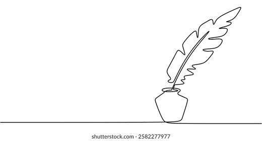 Continuous One line drawing of Traditional Quill and Ink. Traditional feather quill with a basic ink bottle. Vector illustration hand drawn.