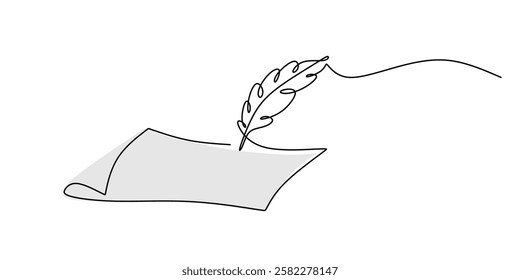 Continuous One line drawing of Traditional Quill and Ink. Traditional feather quill with a basic ink bottle. Vector illustration hand drawn.