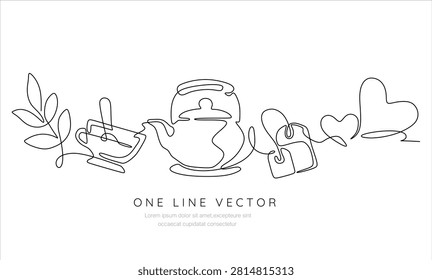  Continuous one line drawing of traditional tea sets with teapots, cup and tea bag with hearts and tea leaf. Hand drawn vector. Editable stroke