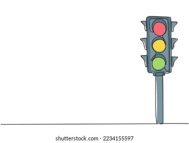 Continuous one line drawing of traffic lights with poles to regulate vehicle travel at road intersections. There are red, yellow, green lights. Single line draw design vector graphic illustration.