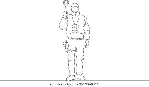 Uma linha contínua desenhando controlador de tráfego.Policial de tráfego.Inspeção de estrada. . Uma linha contínua isolada ilustração mínima.