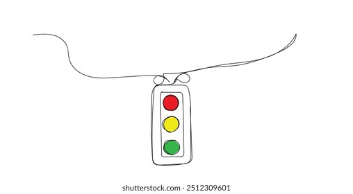 Desenho contínuo de uma linha de semáforos com postes para regular o percurso do veículo nos cruzamentos rodoviários.  Desenho de linha única design gráfico vetorial ilustração Há luzes vermelhas, amarelas, verdes.