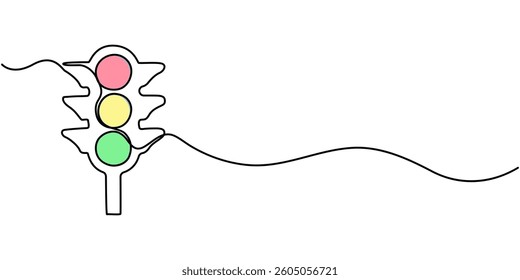  Continuous one line drawing of traffic lights with poles to regulate vehicle travel at road intersections. There are red, yellow, green lights. Single line draw design vector graphic illustration.